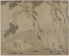 Luohan, attendant, and worshipper under pines, Yuan or Ming dynasty, 1279-1644. Creator: Unknown.