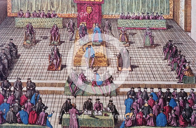 The General States of Orleans in 1561, Charles IX on the throne with the Queen Mother, engraving.