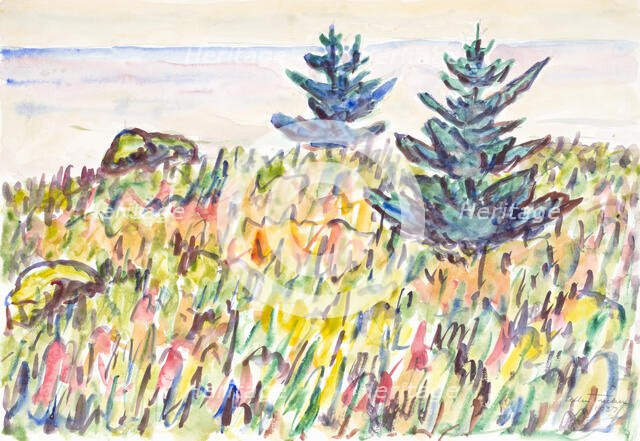 Watercolor no. 35, Field with Two Pine Trees, 1937. Creator: Allen Tucker.