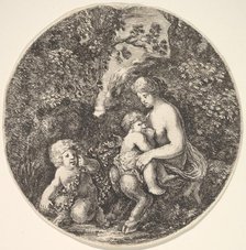 A female satyr breastfeeding an child to the right, turned towards the left, a satyr child..., 1639. Creator: Stefano della Bella.