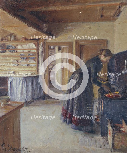 Kitchen, with the artist's Wife, 1887. Creator: Viggo Johansen.