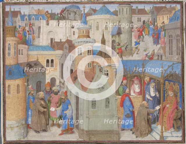 Peter the Hermit hears Pope Urban II at the Council of Clermont. Miniature from the Historia by William of Tyre, 1460s. Artist: Anonymous  