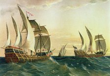 Discovery of America, 'Pinta' 'Niña' and 'Santa Maria' ships sailing towards the coast of the Eas…