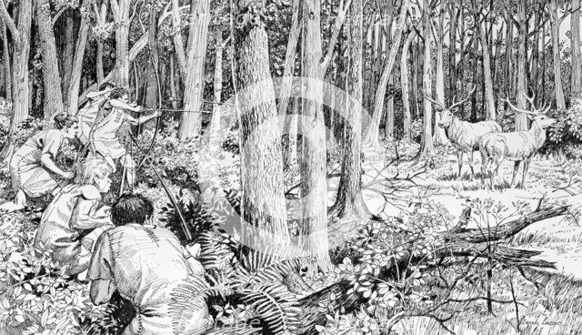 Prehistoric hunters stalking red deer, Southern England, 6000 BC. Artist: Derek Lucas