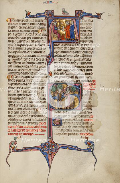 Initial A: Two Men before a Judge: Initial S: Two Men Fighting with a Club and..., about 1290-1310. Creator: Unknown.