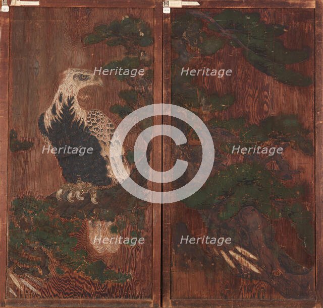 Pair of doors with eagle on a pinetree on one side..., Momoyama period, (17th century?). Creator: Unknown.
