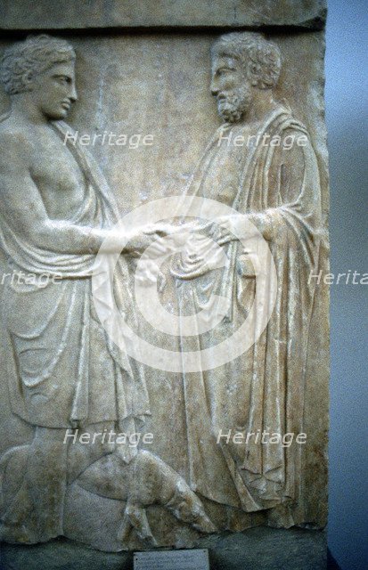 Relief showing an Athenian youth greeting older man, 5th century BC. Artist: Unknown