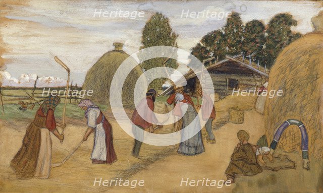 Threshing Floor, 1918. Artist: Kustodiev, Boris Michaylovich (1878-1927)