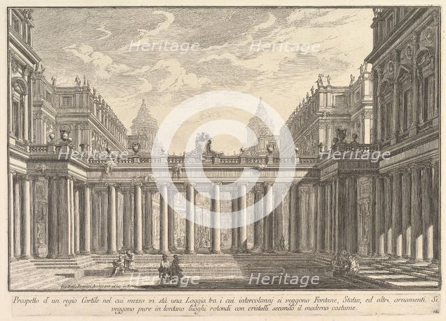 View of a courtyard with a loggia, fountains, statues, and other ornaments (Prospetto ..., ca. 1750. Creator: Giovanni Battista Piranesi.