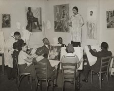 Art class with female subject, 1935. Creator: David Robbins.