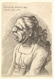 Bust of woman with wide-open mouth and long curly hair falling over her shoulders, wearing..., 1665. Creator: Wenceslaus Hollar.