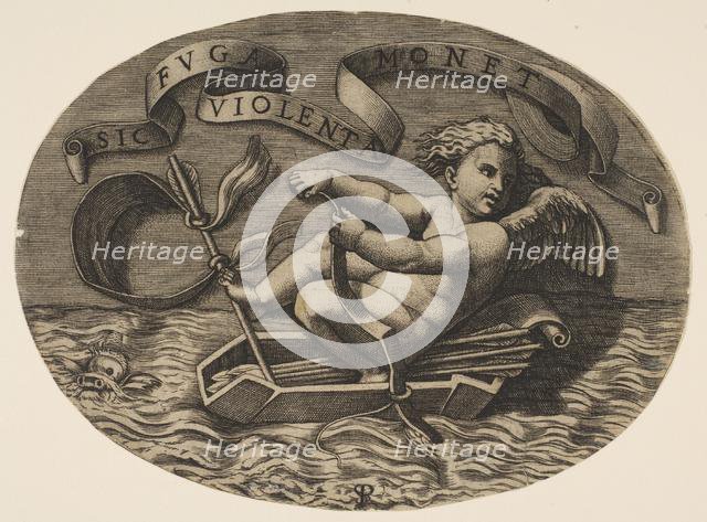Eros escaping by sea using his bow to propel a boat made from his quiver with an ar..., ca. 1515-27. Creator: Marco Dente.