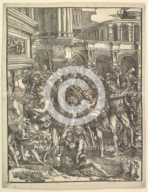 The Massacre of the Innocents (Right side) with group of male figures attacking women and ..., 1517. Creator: Domenico Campagnola.