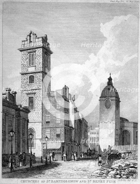 St Bartholomew-by-the-Exchange and St Benet Fink, City of London, 1840. Artist: George Hollis