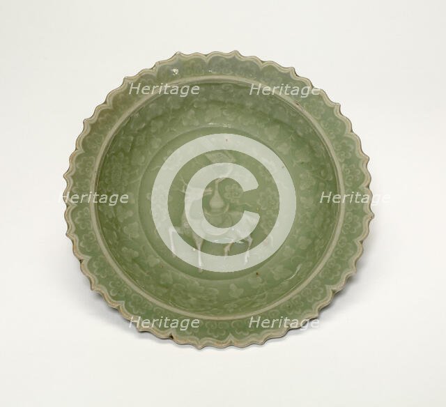 Foliate Dish with Crane and Deer Amid Clouds, Yuan dynasty (1279-1368), late 13th century. Creator: Unknown.