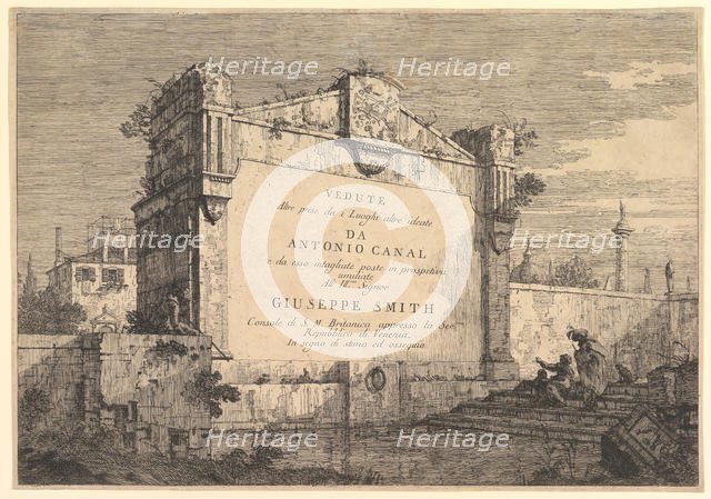 Title plate of 'Vedute altre prese da i luoghi altre ideate', with title and publicatio..., 1735-46. Creator: Canaletto.
