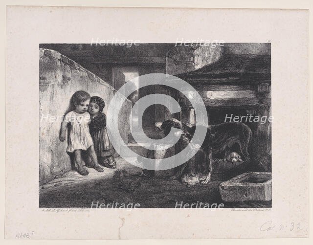 Children Frightened by Snarling Dog, from the series Hunting Scenes, 1829. Creator: Alexandre Gabriel Decamps.