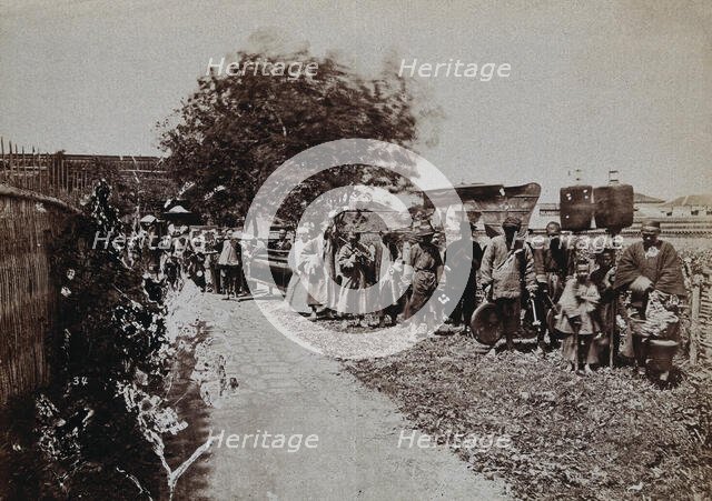 Shanghai, China: a funeral procession, with people carrying banners, c1880s Creator: Unknown.