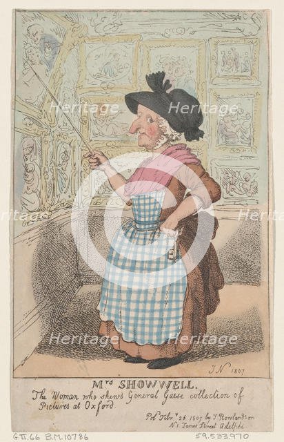 Mrs. Showell, the Woman who shows General Guise's Collection of Pictures at O..., February 26, 1807. Creator: Thomas Rowlandson.