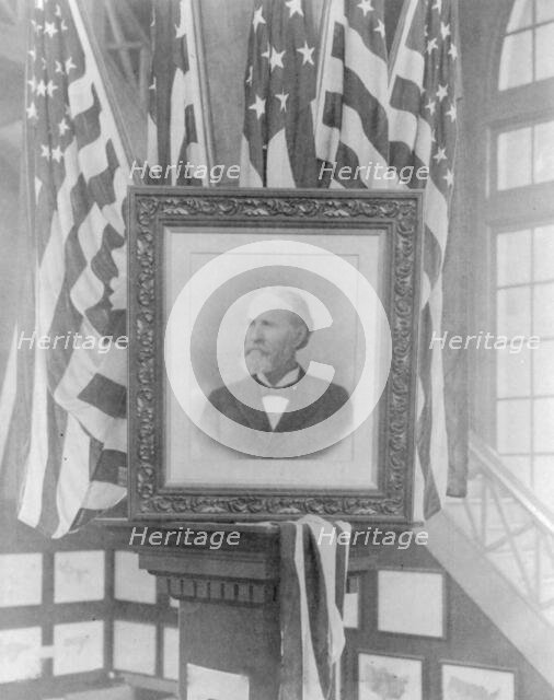 James Wilson, 1857-1932; photo of flag-decked framed bust portr. facing left, n.d.. Creator: Frances Benjamin Johnston.