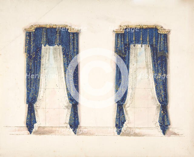 Design for Blue and Gold Curtains with Gold Fringes and a Gold Pediment, early 19th century. Creator: Anon.