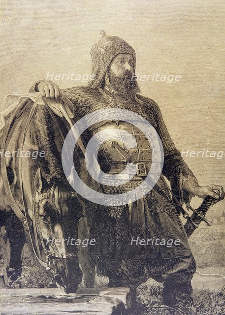 Russian warrior with his horse (Wereschtschagine painting), engraving, 1885.