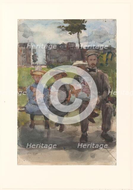 A Man with Three Girls on a Bench in the Oosterpark in Amsterdam, c.1886-c.1904. Creator: Isaac Lazerus Israels.