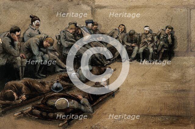 Russo-Japanese War: wounded soldiers slouched on benches and on stretchers on a stone floor. Creator: Unknown.