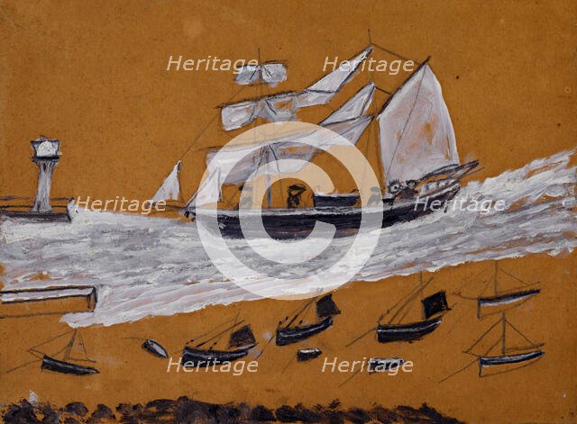 Two-master and fishing fleet,  c1930. Creator: Alfred Wallis.