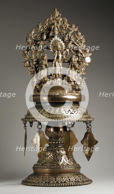 Temple Lamp with the Buddhist God Chintamani Lokeshvara and Attendants, Late 19th century. Creator: Unknown.