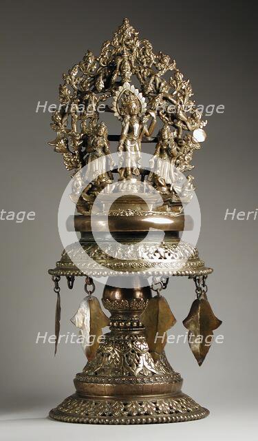 Temple Lamp with the Buddhist God Chintamani Lokeshvara and Attendants, Late 19th century. Creator: Unknown.