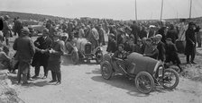 Raymond Mays' Bugatti Brescia and JS Chance's Enfield Allday, Porthcawl Speed Trials, Wales, 1922. Artist: Bill Brunell.