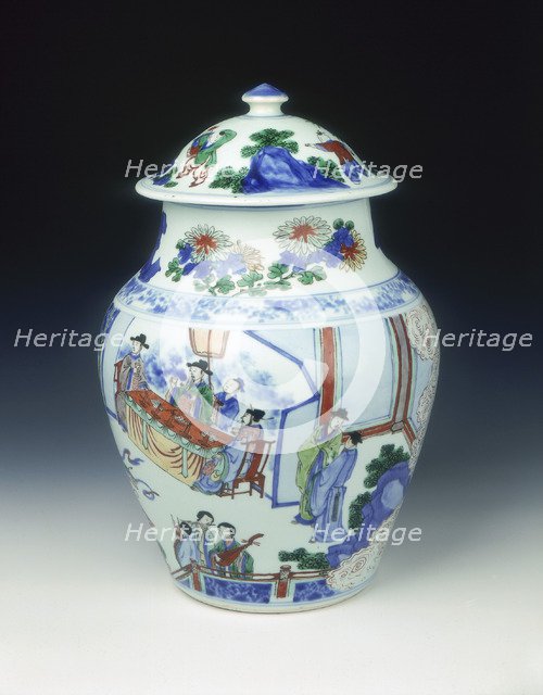 Wucai covered jar with banquet scene, early Kangxi period, Qing dynasty, China, 1662-1677. Artist: Unknown