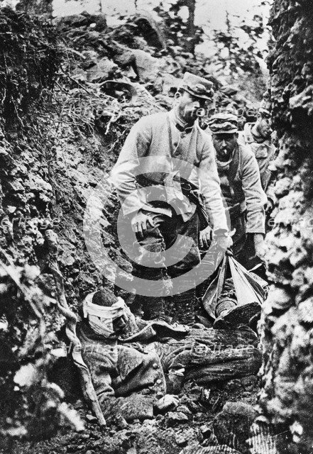 French troops after an German attack and bombardment, World War I, 30th June 1915. Artist: Unknown