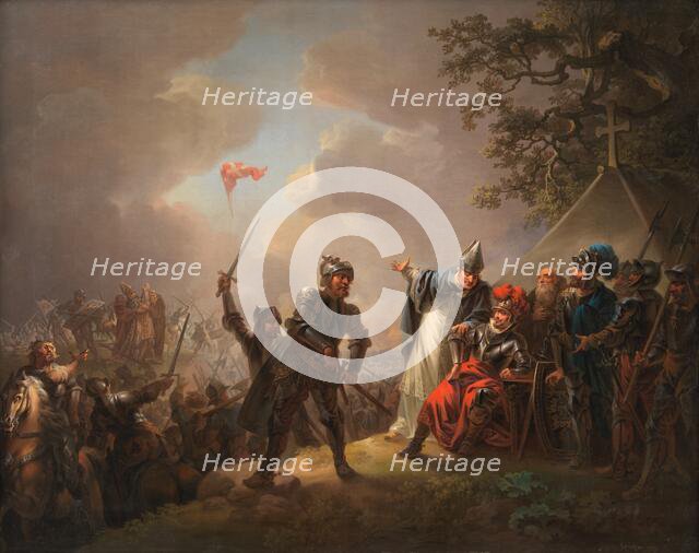 The Legend of the Danish Flag (the Dannebrog) Falling from the Heavens during the Battle..., 1809. Creator: Christian August Lorentzen.
