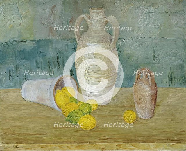 Still life with stone jugs and lemons, undated. (c1920s) Creator: Emil Kraus.