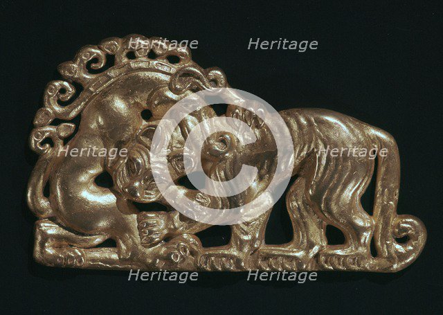 Sarmatian gold open-work plaque showing a tiger and fantastic beast. Artist: Unknown