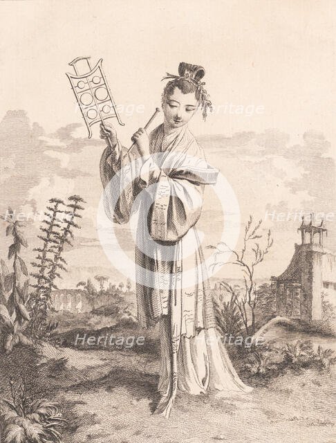 Chinoiserie with a woman playing a musical instrument, from Suite de Figures Chinoises...., 1755-76. Creator: Jean-Pierre Houel.