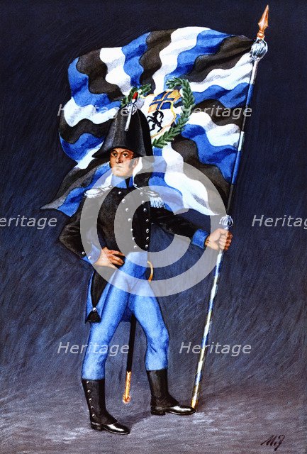 Flag bearer from the canton of Grisons, c. 1809. Color engraving from 1943, published by Editions…