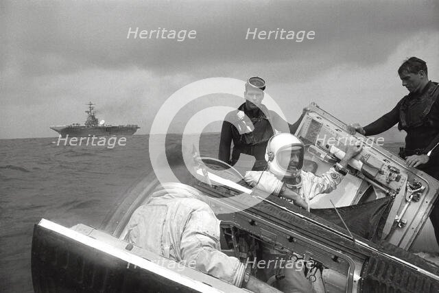 Gemini 9 crew waves to the Wasp, 1966. Creator: NASA.