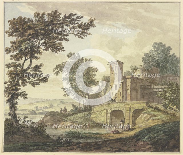 Far a bridge and several buildings, five children are bathing in the water. Creator: Hermanus Numan.