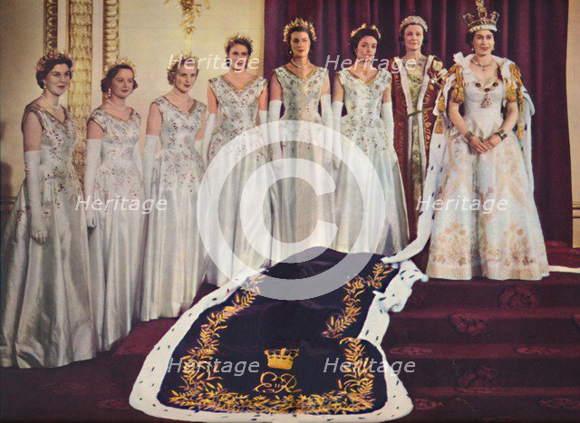 'Her Majesty the Queen with her Mistress of the Robes and the six Maids of Honour', 1953. Artist: Sterling Henry Nahum Baron.