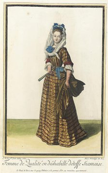Recueil des modes de la cour de France, 'Femme de Qualité en Déshabillé Détoffe Siamoise', 1687. Creator: Jean de Dieu.