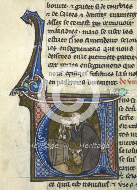 Initial 'V': a monk-cellarer tasting wine from a barrel whilst filling a jug, late 13th century.  Creator: Unknown.