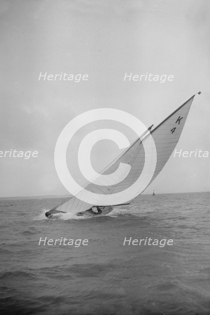 The 7 Metre 'Anitra' (K4) heeling in strong wind, 1912. Creator: Kirk & Sons of Cowes.