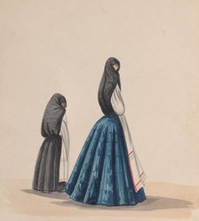 Two woman wearing the saya viewed in profile, from a group of drawings depicting..., ca. 1848. Creator: Attributed to Francisco (Pancho) Fierro.