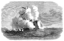 Experiments with the Armstrong 600-pounder against the Warrior floating target, 1864. Creator: Unknown.