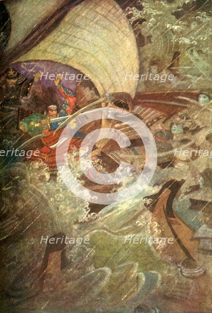 'Yoshitune and Benkei attacked by a ghostly company of the Taira Clan', 1912. Creator: Evelyn Paul.