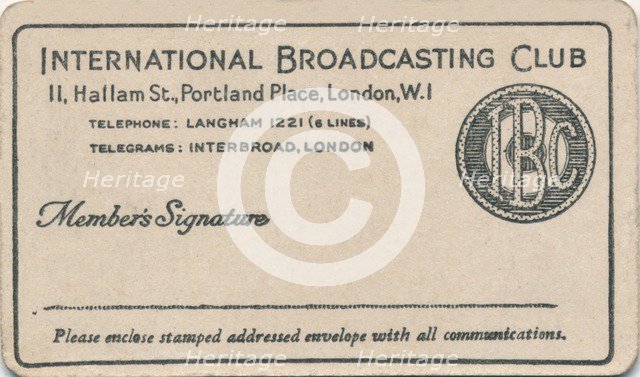 'International Broadcasting Club: Membership card', c1930s. Artist: Unknown.