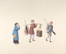 Chinese Woman, Man with Legs Chained and Another Carrying Parasol and Bundle, 19th cent. Creator: Anon.